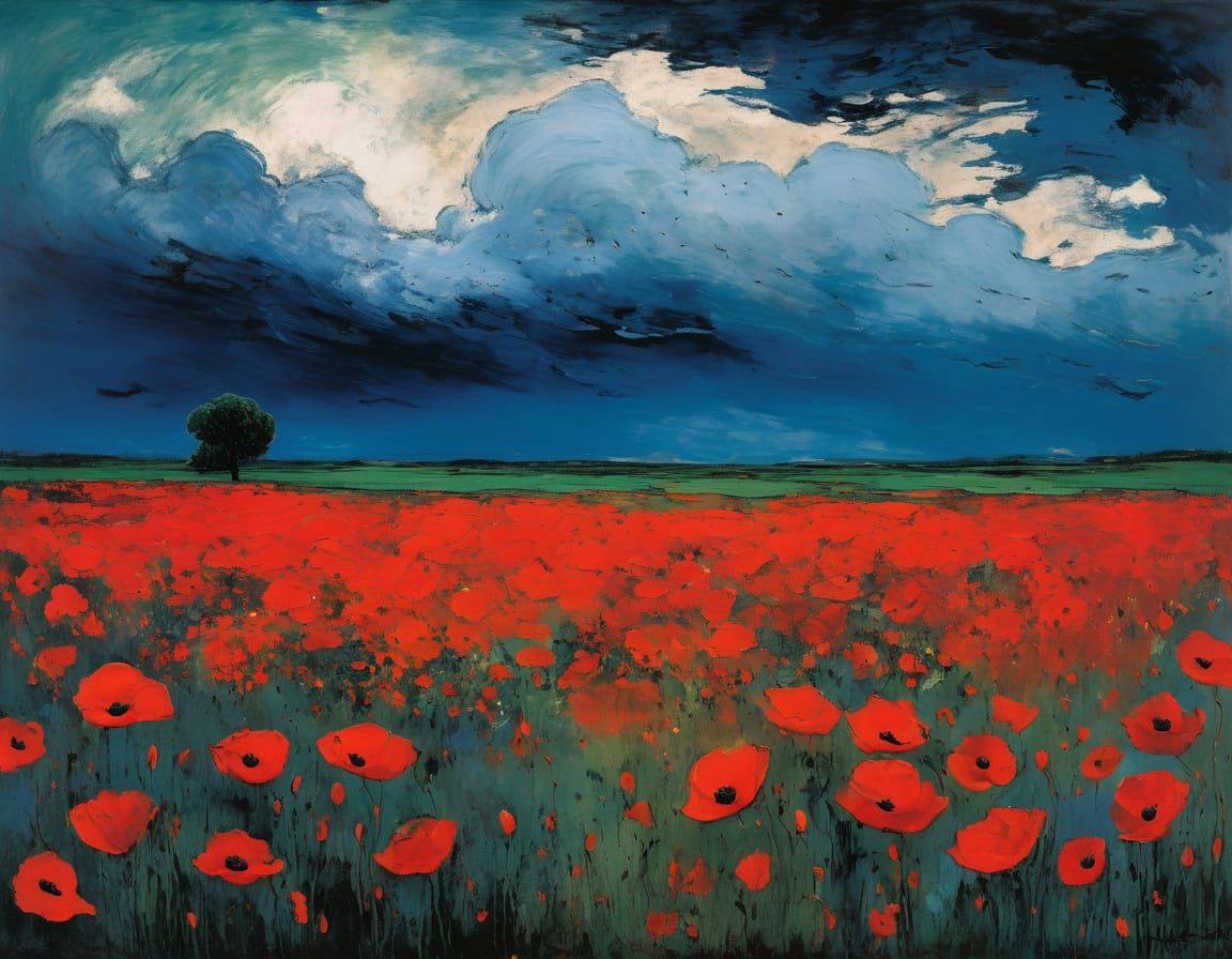 Stormy Poppy Landscape in Expressionist Style