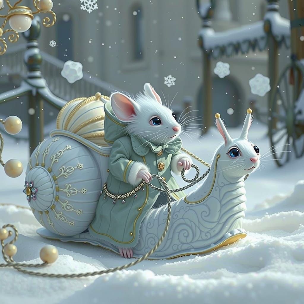 Victorian Mouse Rides Majestic Snail-Pulled Carriage in Whim...