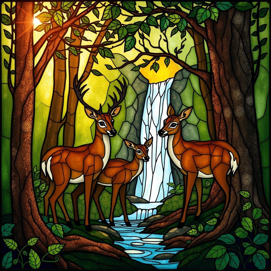 Stained Glass Deer Family at Waterfall
