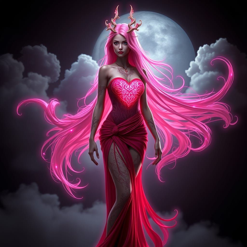 Goth Venus in Pink Toga and Red Dress with Bioluminescent Ta...