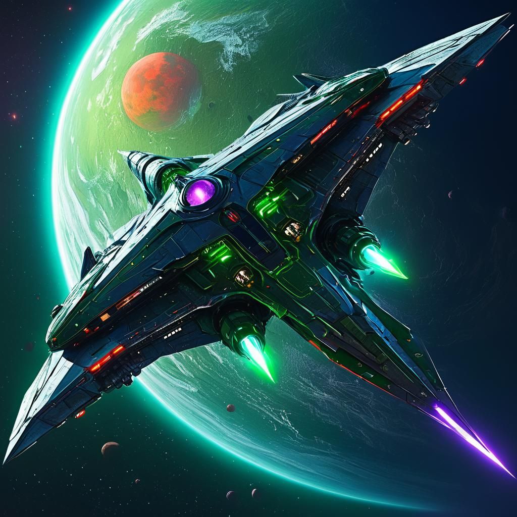 Dagger Spaceship Orbits Ringed Planet in Sci-Fi Style