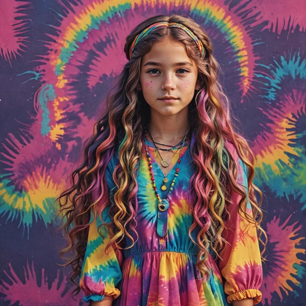 Hippie Girl with Rainbow Hair in Synthwave Style