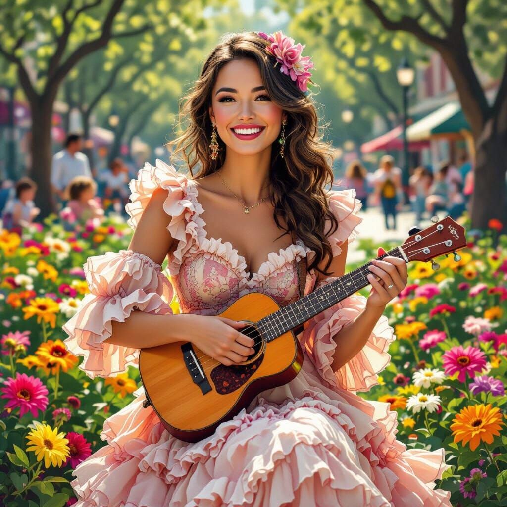 Woman Plays Ukulele in Park: Hyperrealistic Americana