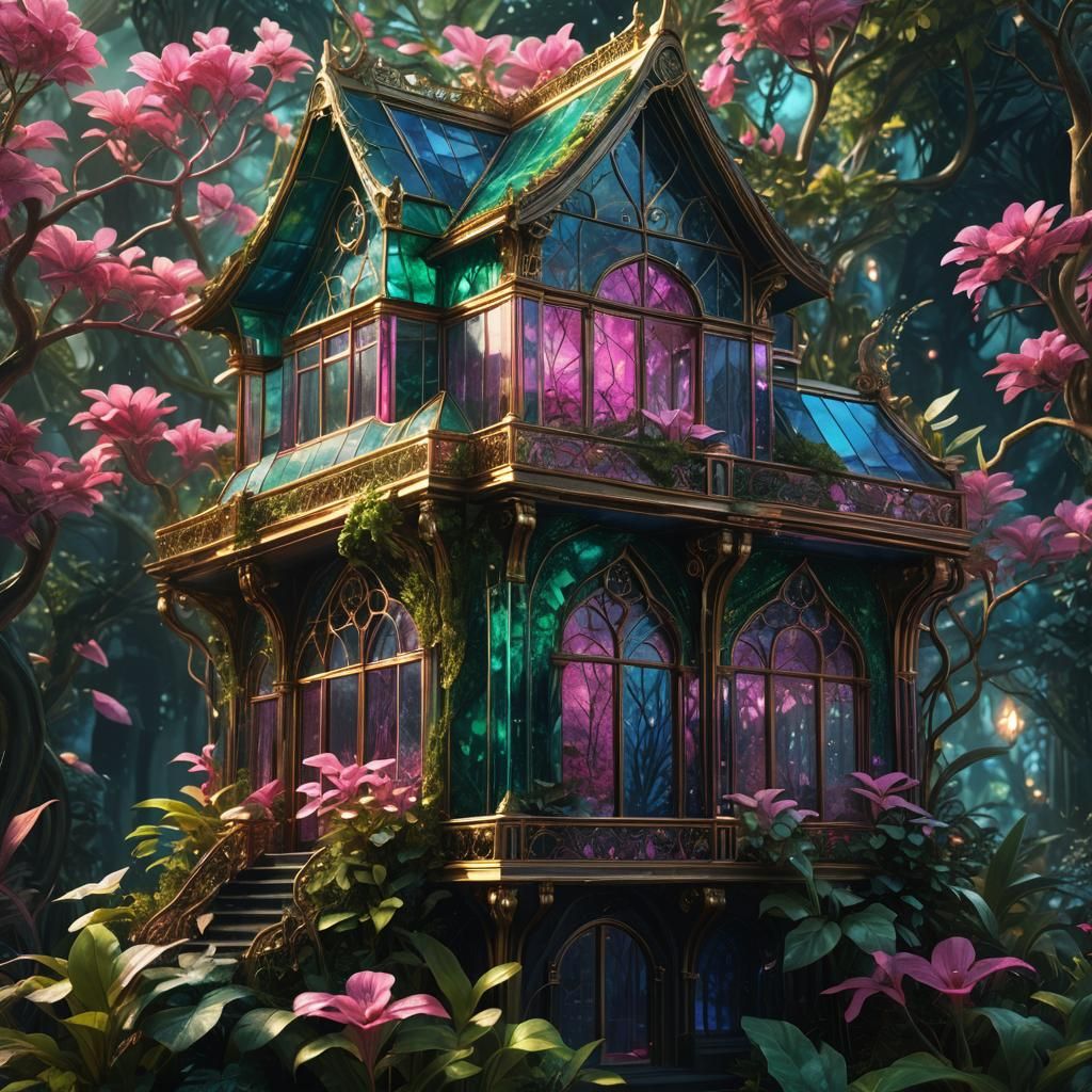 Mystical Glass House with Ethereal Light