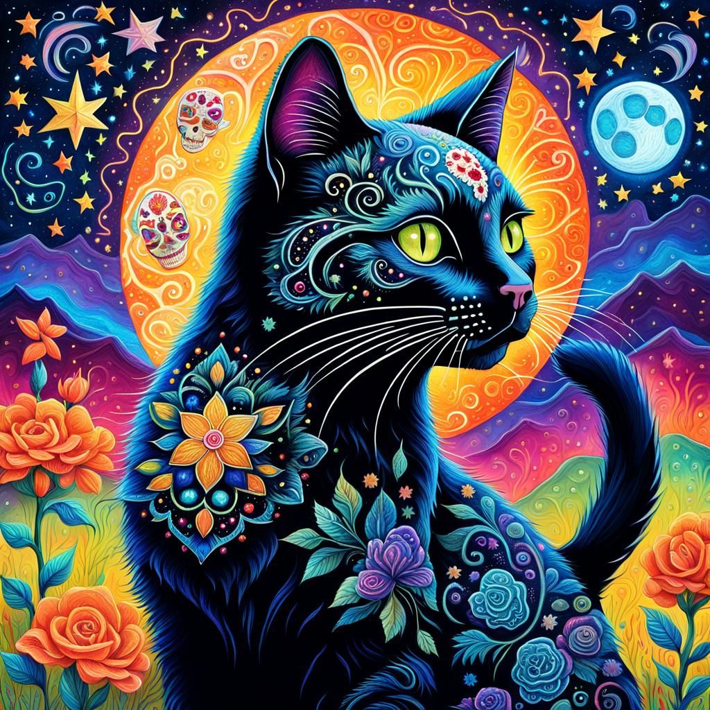 Mystical Black Cat with Sugar Skull Face