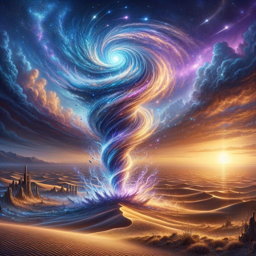 Dazzling Desert Twilight with Mystical Tornado and Ancient R...