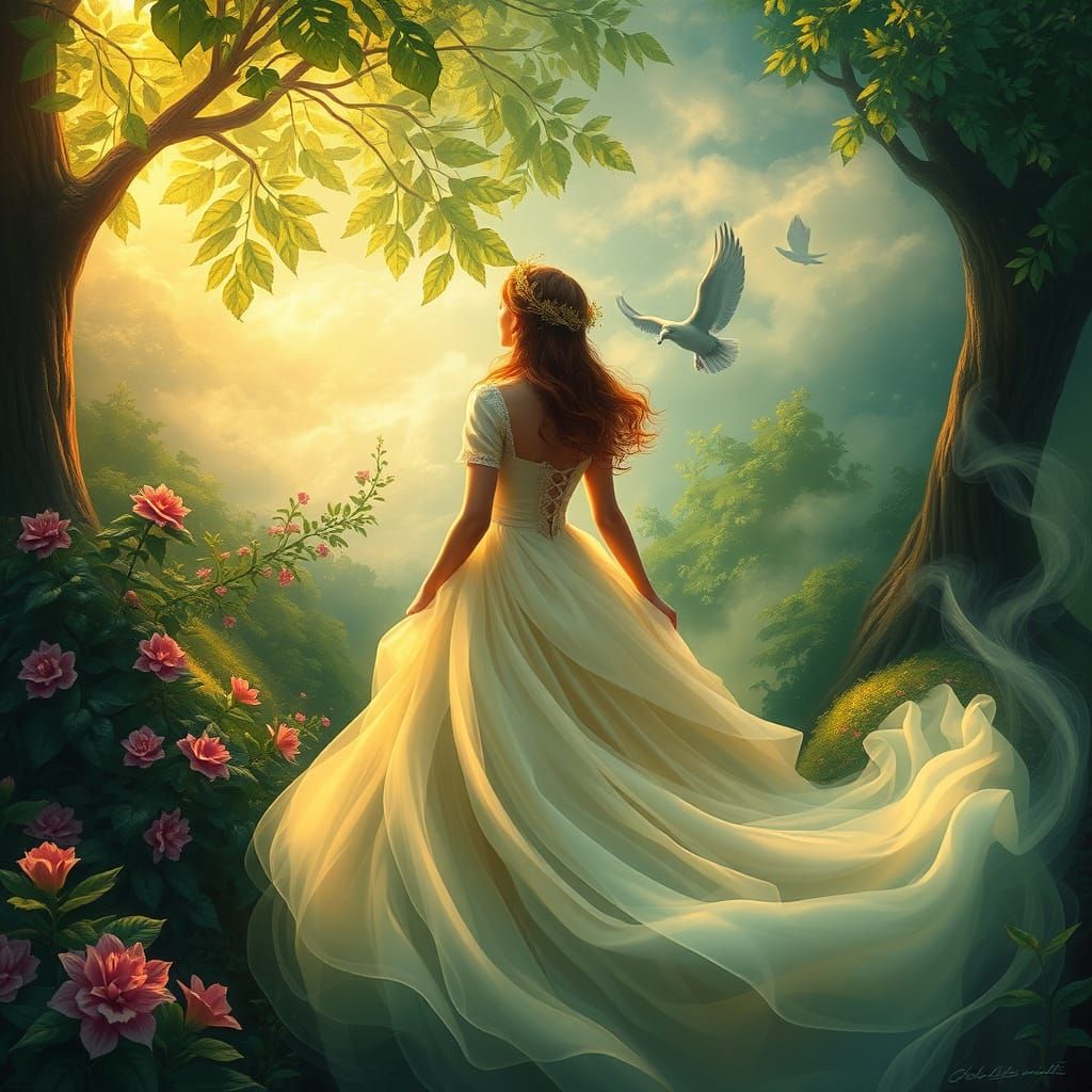 Woman Escaping to Ethereal Realm in Dreamlike Scene