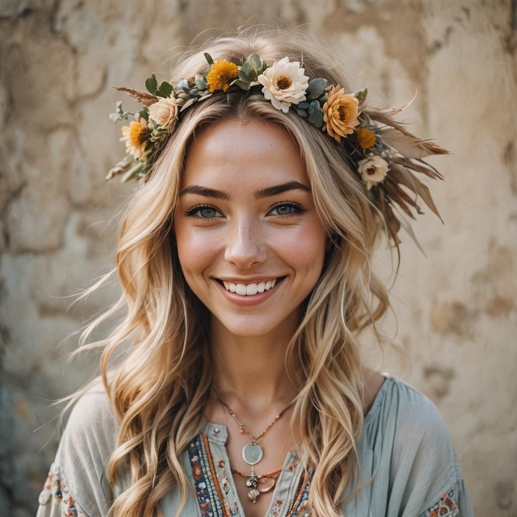 Boho Blonde Girl Portrait with Cool Color Palette