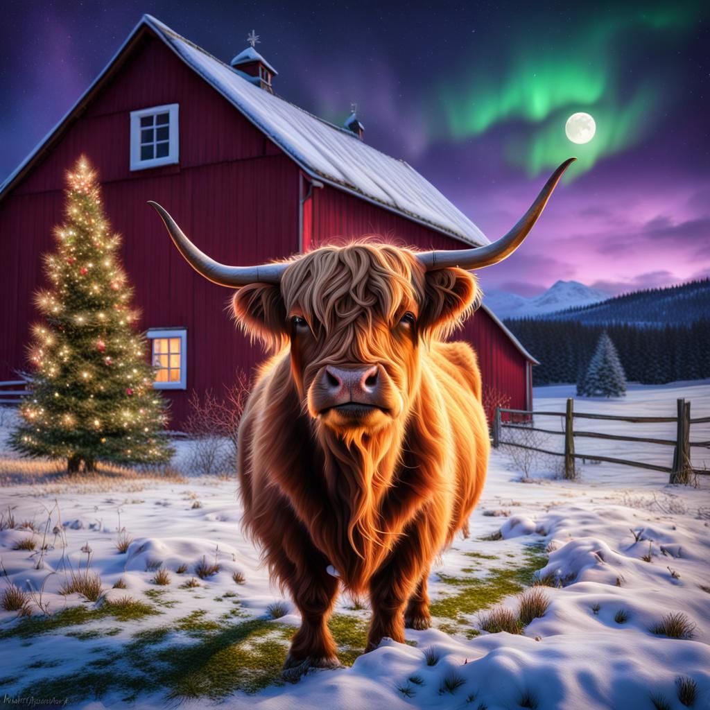 Fluffy Highland Cow with Christmas Lights