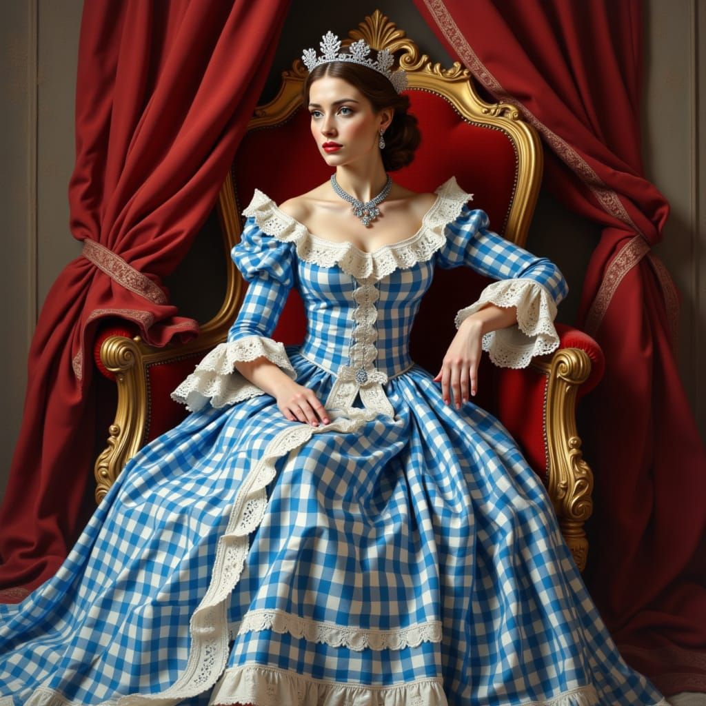 Elegant Queen in Gingham Dress, Art Nouveau Style