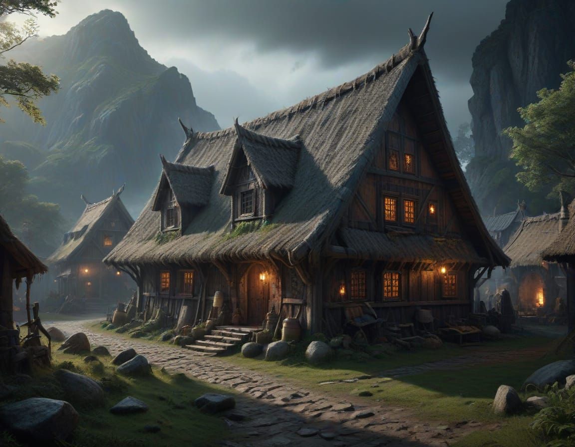 Epic Medieval Village Scene in a Maximalist Digital Painting