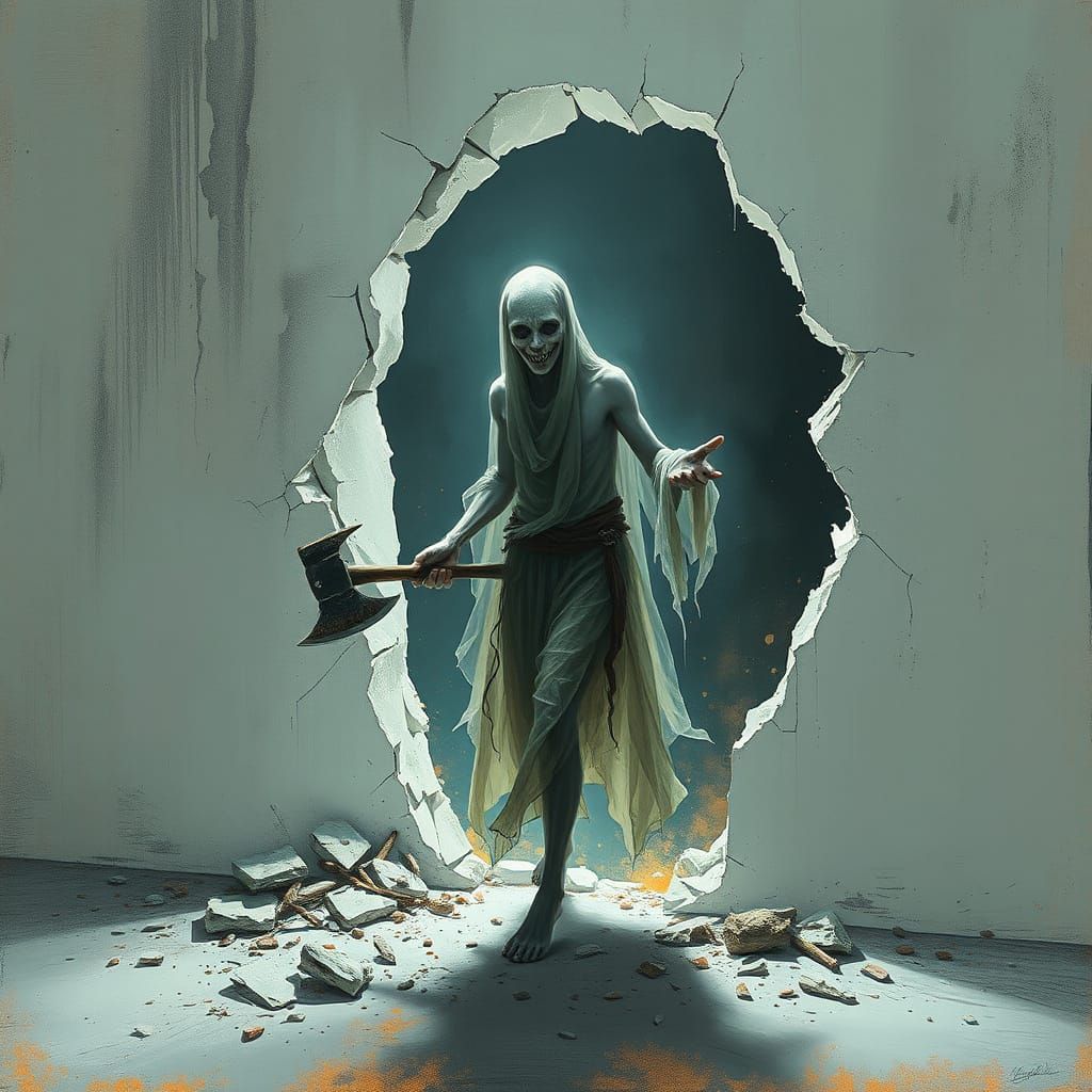 Ethereal Phantom Shatters Whimsical Barrier in Dark Surreali...