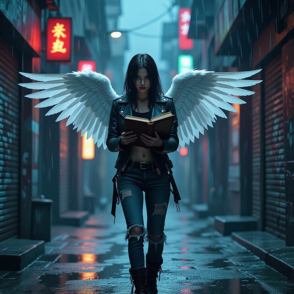 Cyberpunk Angel with Punk Wings in Neon Alley