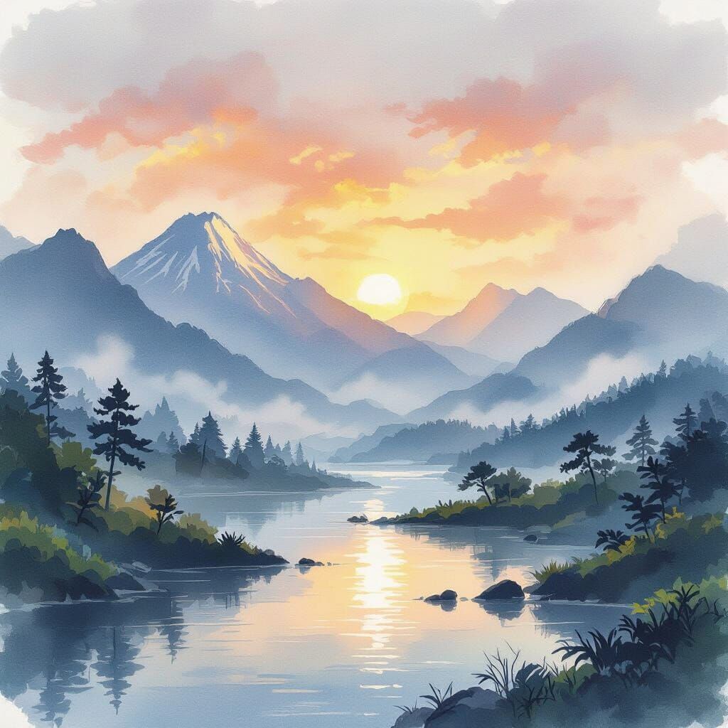 Japanese Landscape in Watercolor Style