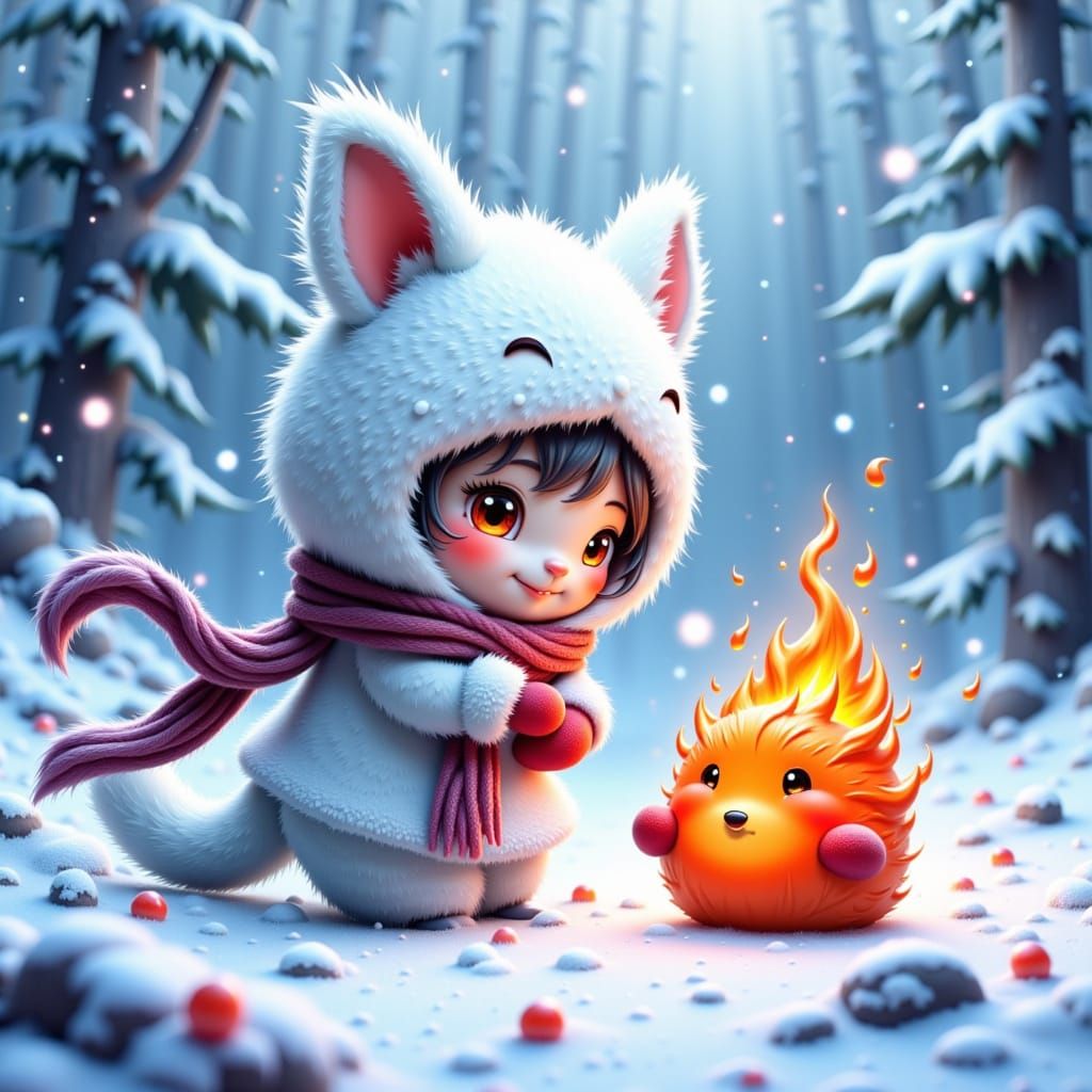 Cute Snowflake Meets Flame Critter in Winter Wonderland