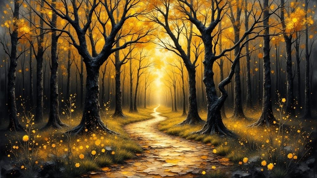 Golden Forest Path in Textured Oil Paint Style