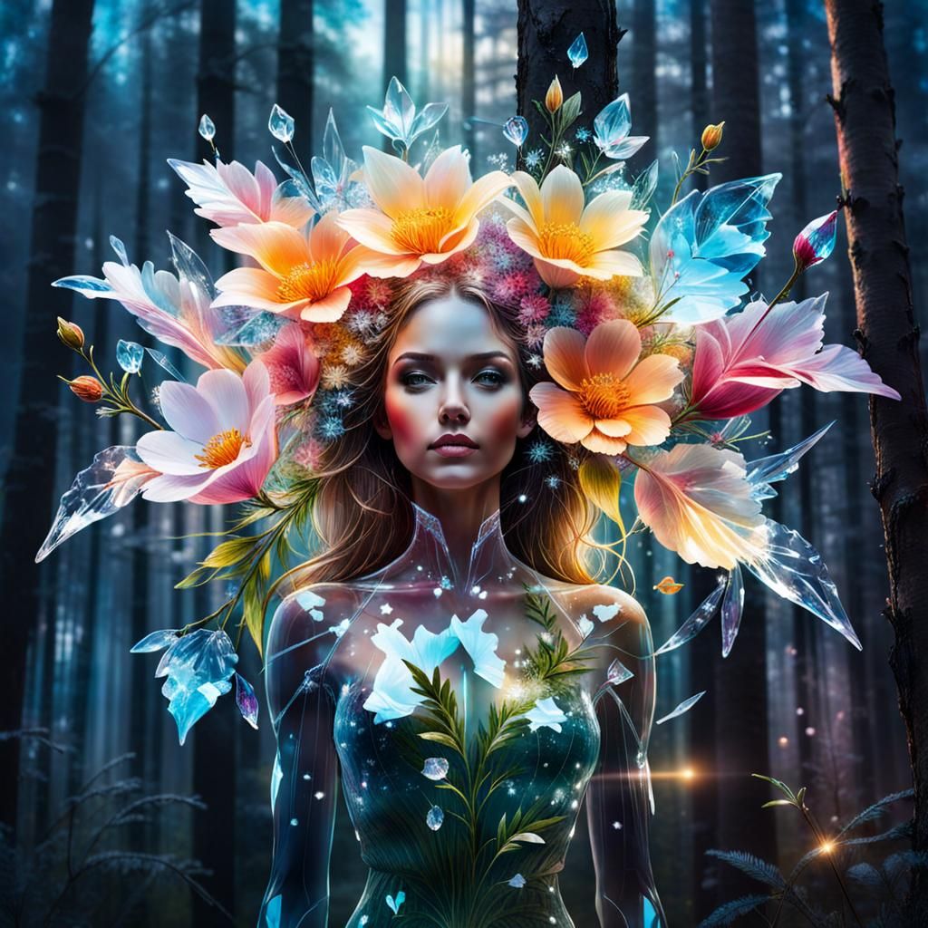 Floral Woman Silhouette in Snowy Landscape