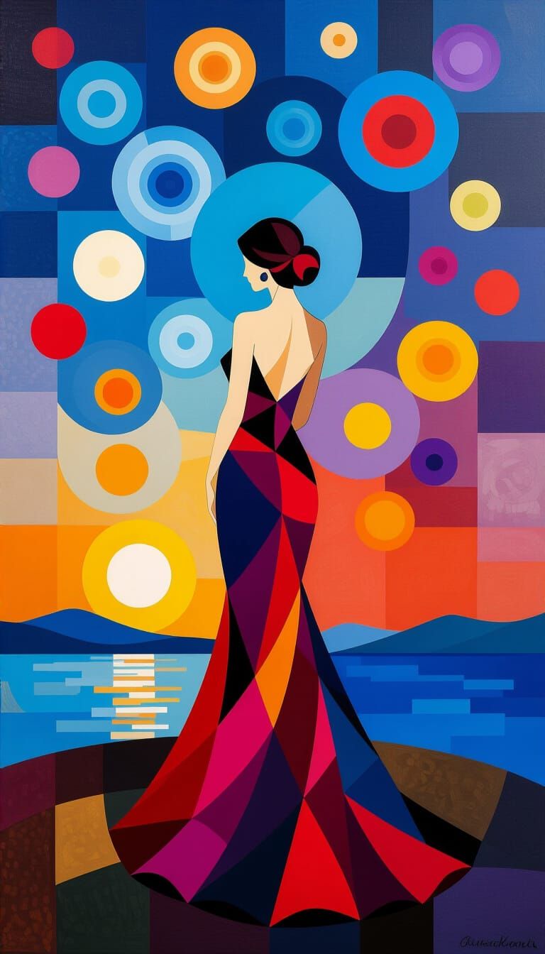 Woman in Ruby and Violet Veils at Twilight