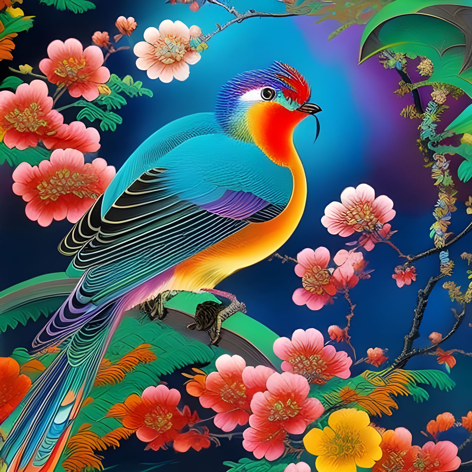 Intricate Vivid Bird in Ukiyo-e Style