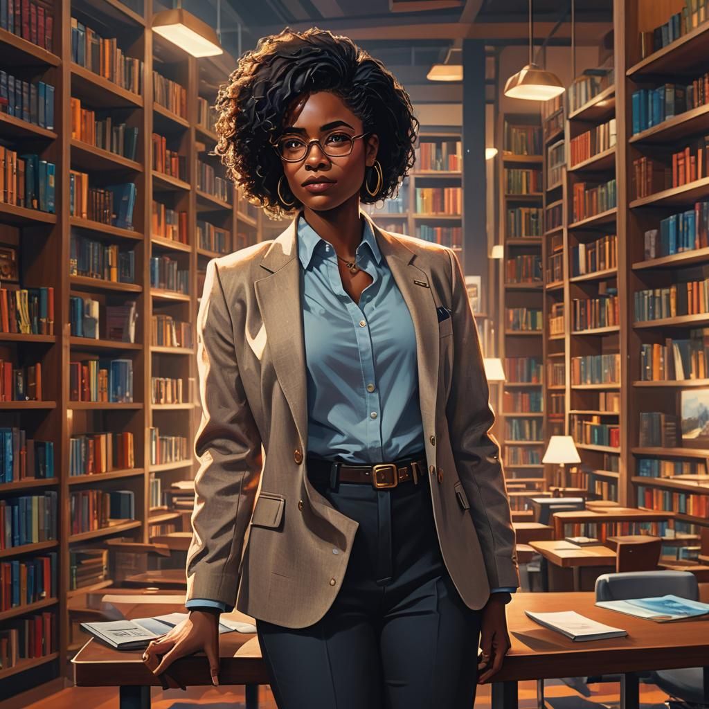 Black Woman in Modern Library: Art Deco Concept Art
