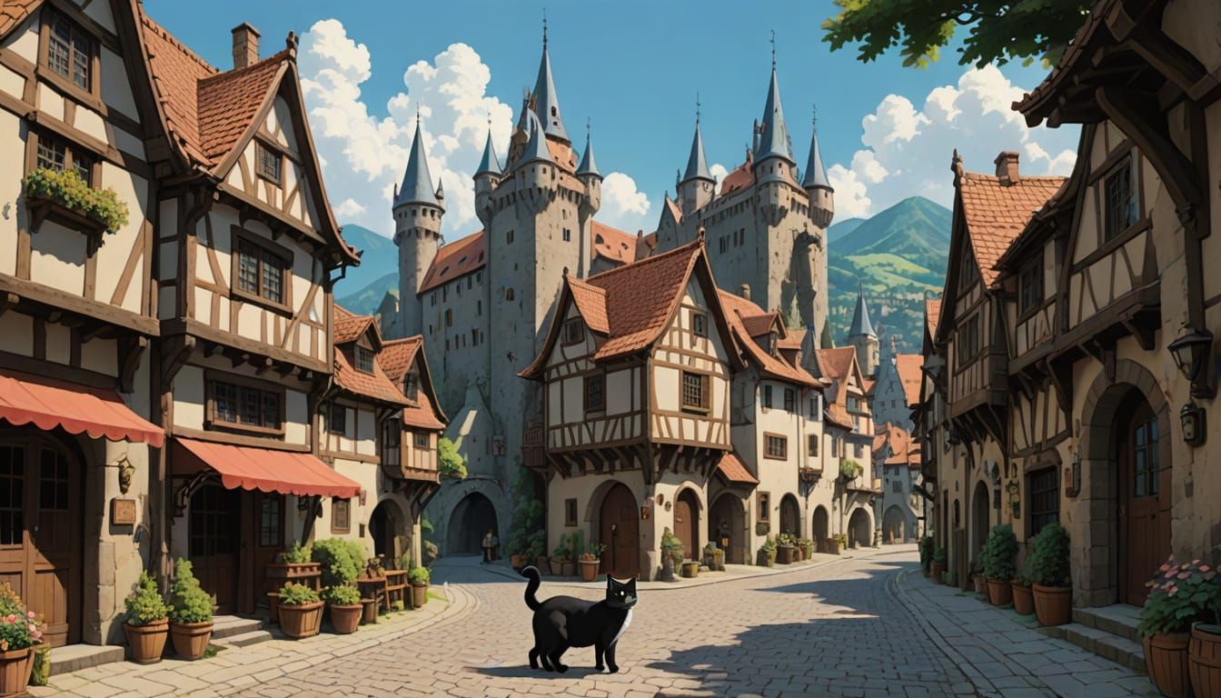 Whimsical Medieval Village Girl Plays with a Majestic Castle...