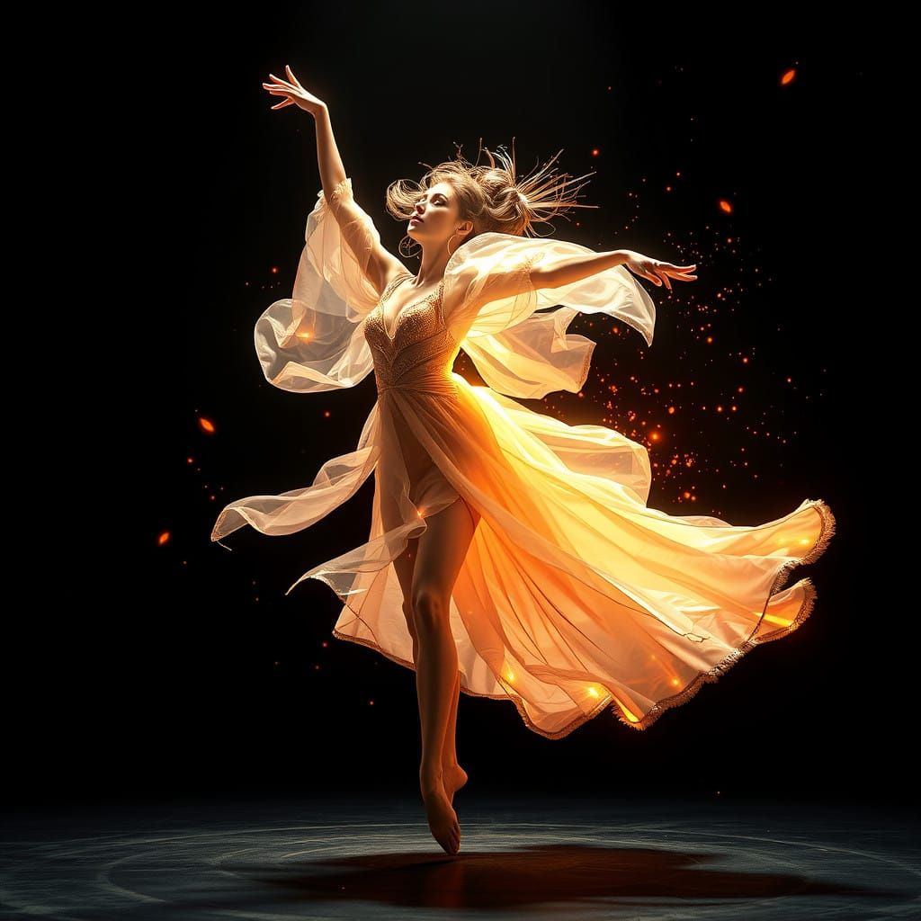 Surreal Fantasy Dancer in Energetic Gown with Warm Light and...