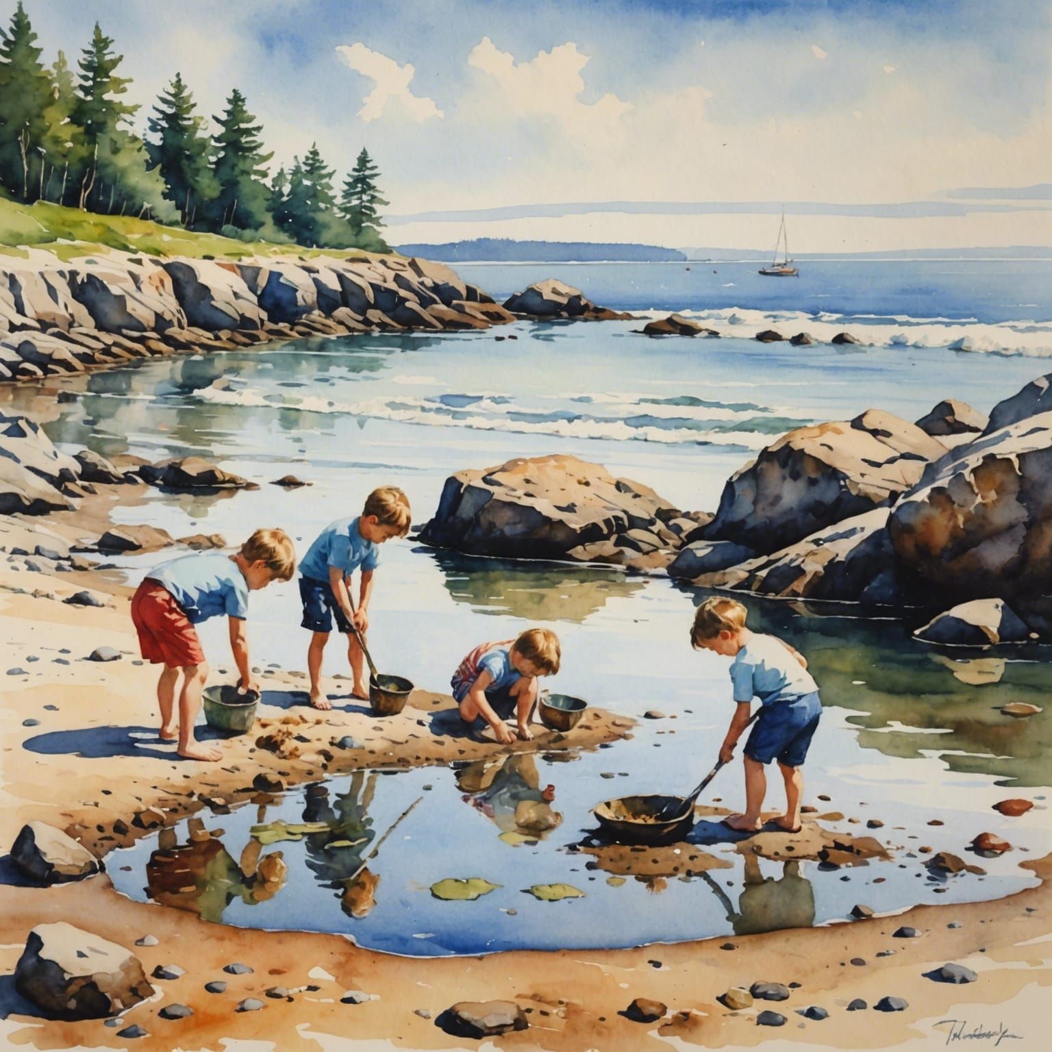 Children Explore Tidepools: Watercolor Beach Scene