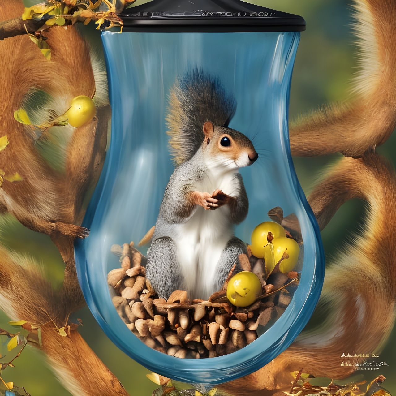Cute Squirrel Trapped in Birdfeeder: Photorealistic Art
