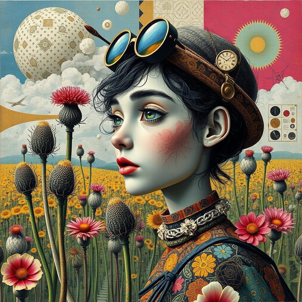 Whimsical Wanderer Portrait Amidst Surreal Thistle Garden