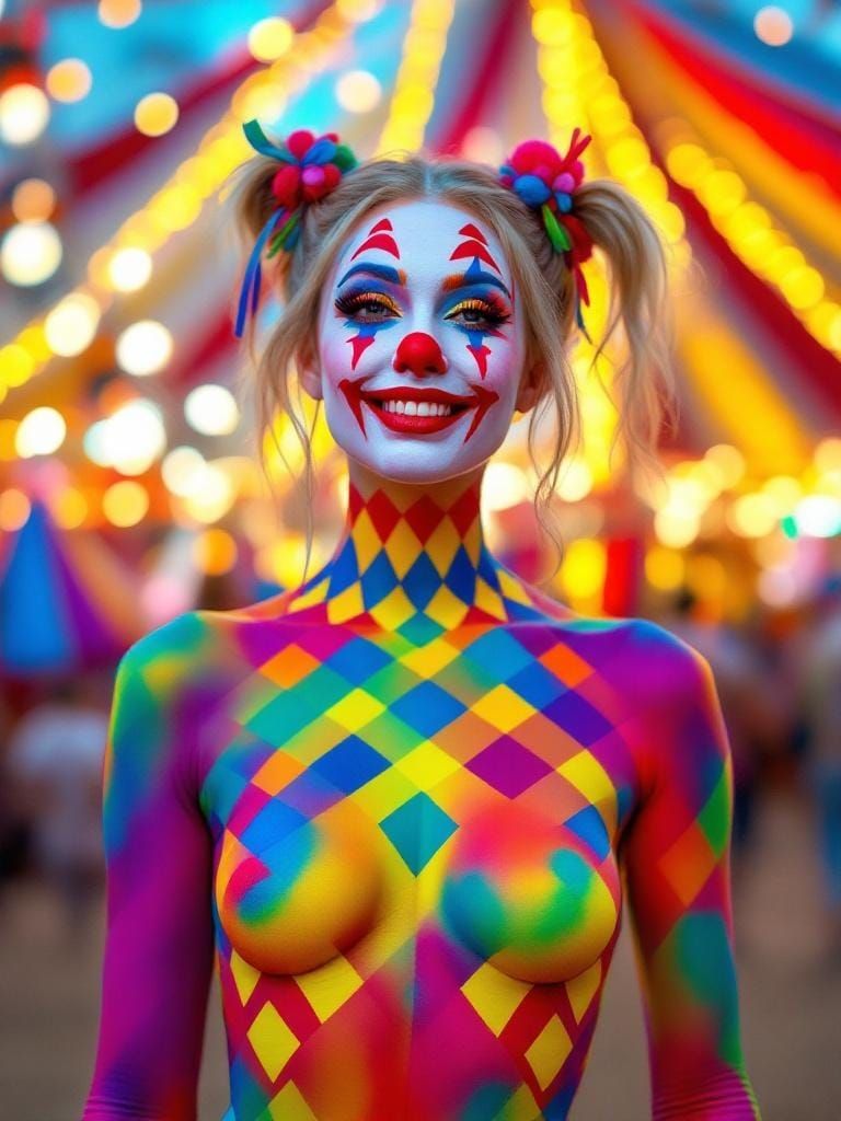 Clown Body Paint Art in Hyperreal Carnival Style