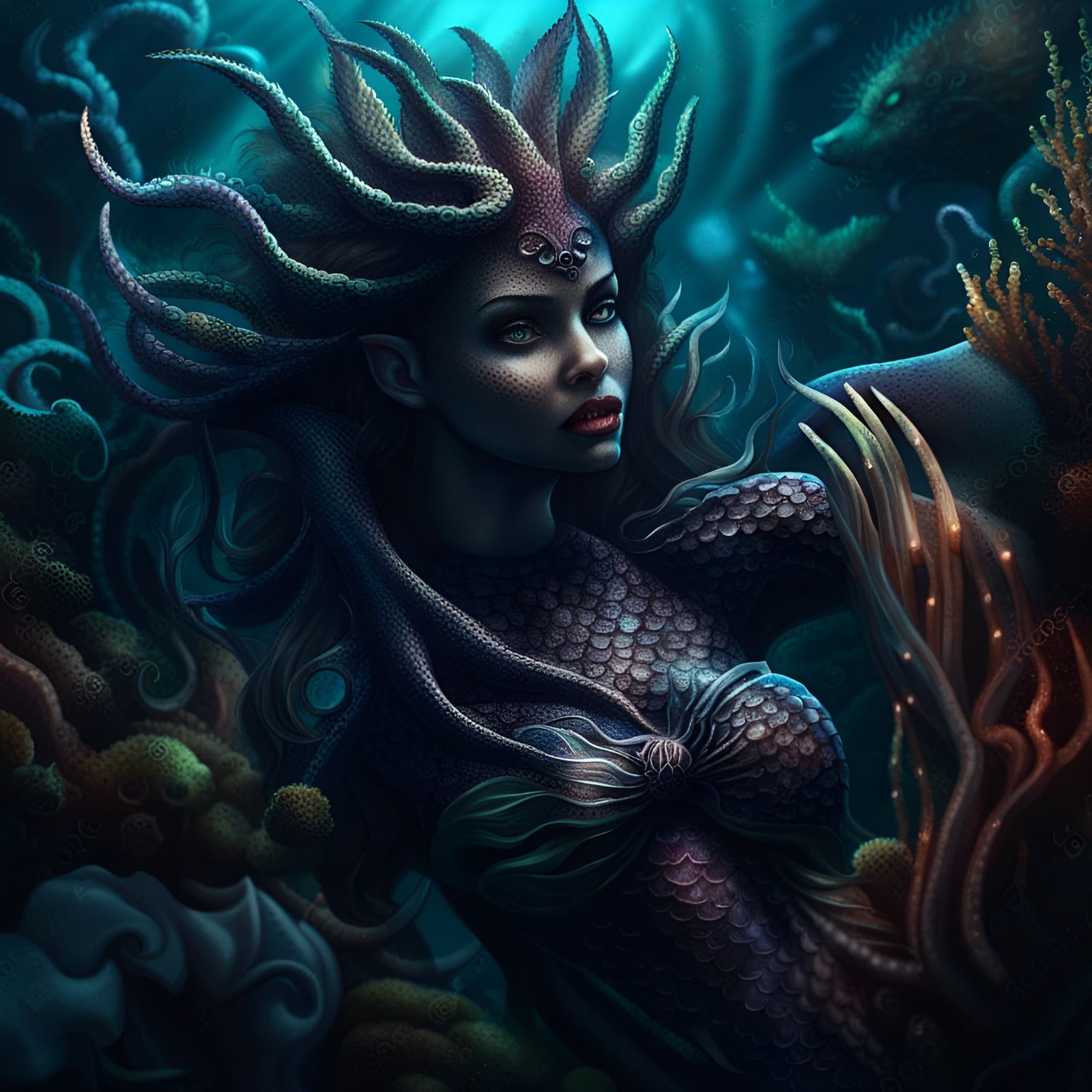Demonic Mermaid in Underwater Reef: Dark Fantasy
