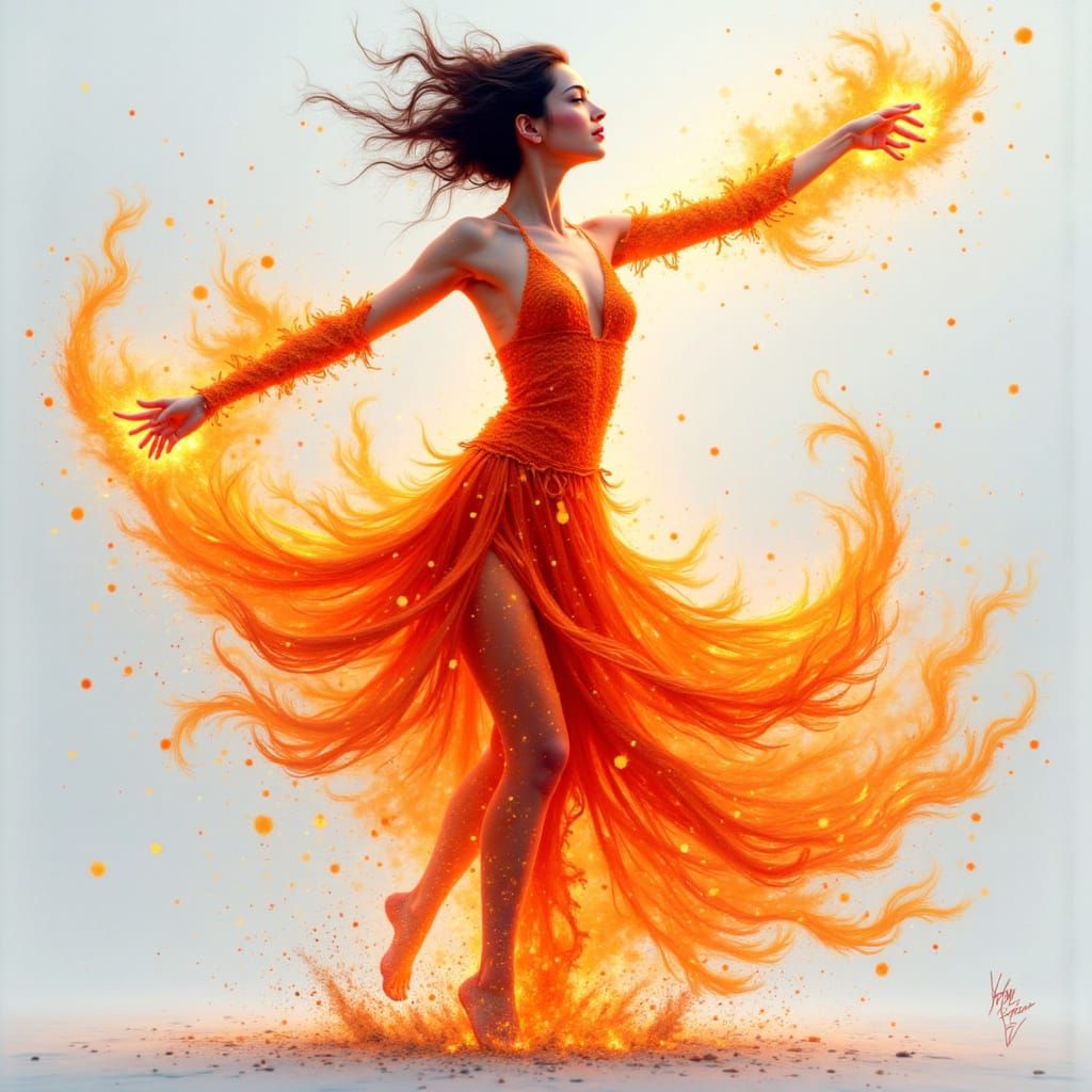 Woman Portrait Formed by Fire Sculpture, Ink Wash Style