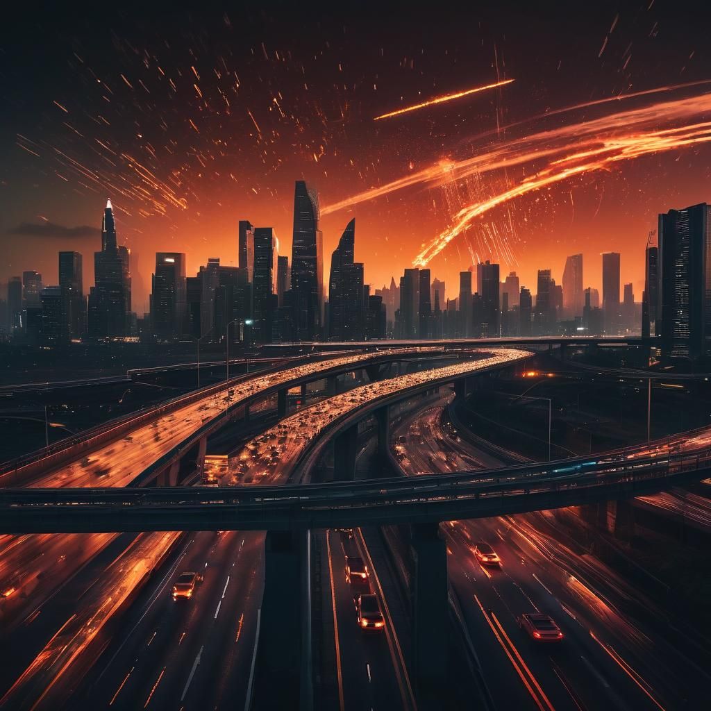 Futuristic Cityscape with Meteor Shower, Cinematic Film Stil...