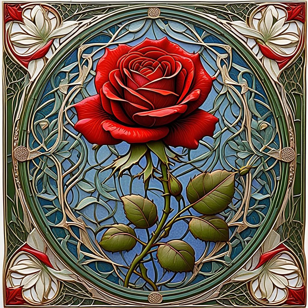 Art Nouveau Red Rose with Border