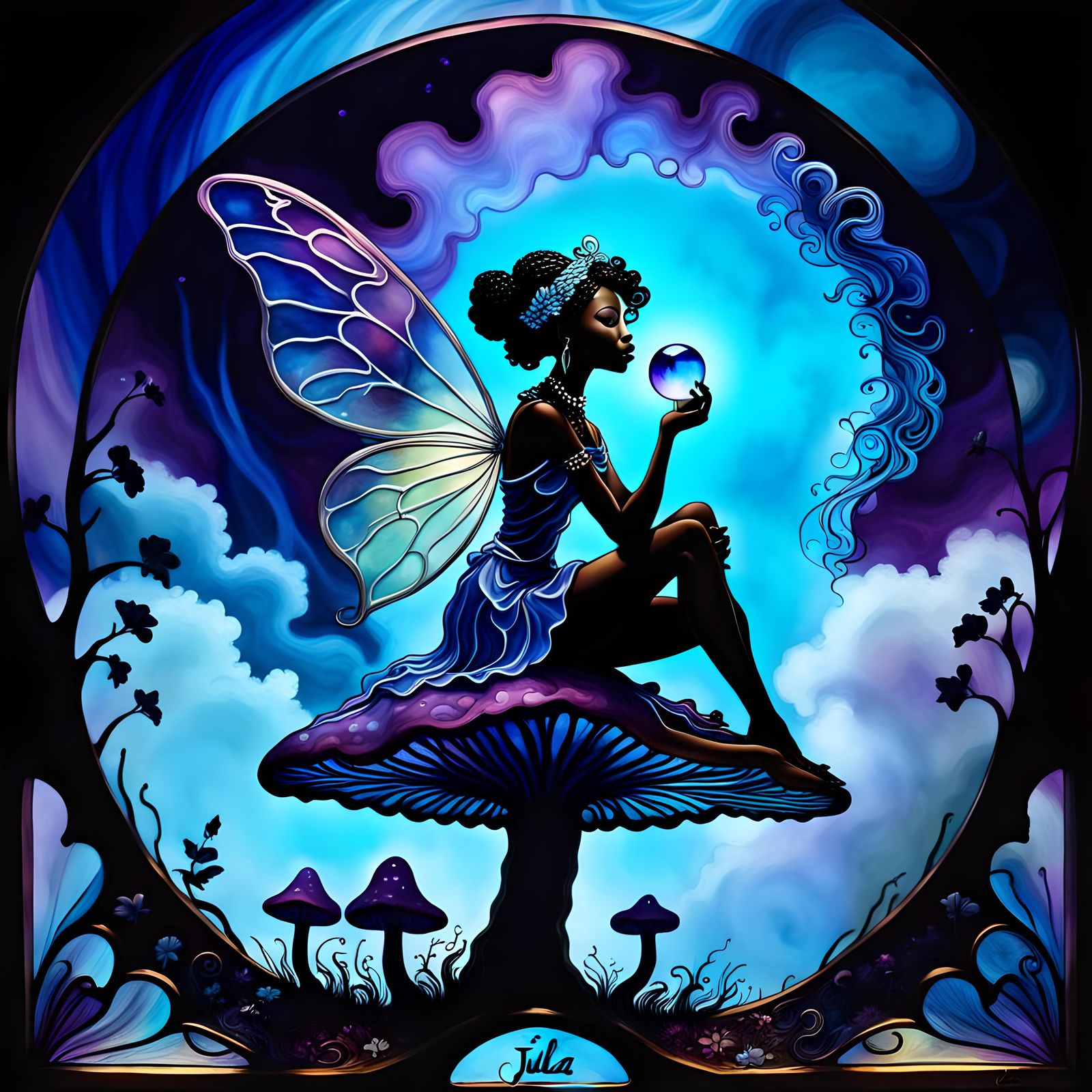 A silhouette of a melanated,  african american fairy sitting...