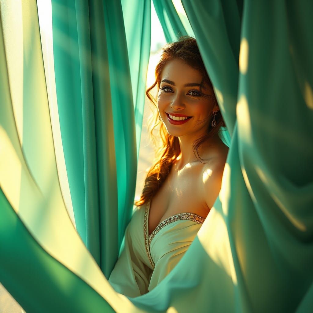Ethereal Woman in Turquoise Silk Curtains, Golden Light