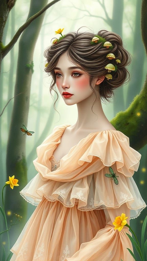 Ethereal Woman in Dreamlike Forest, Watercolor and Pastel