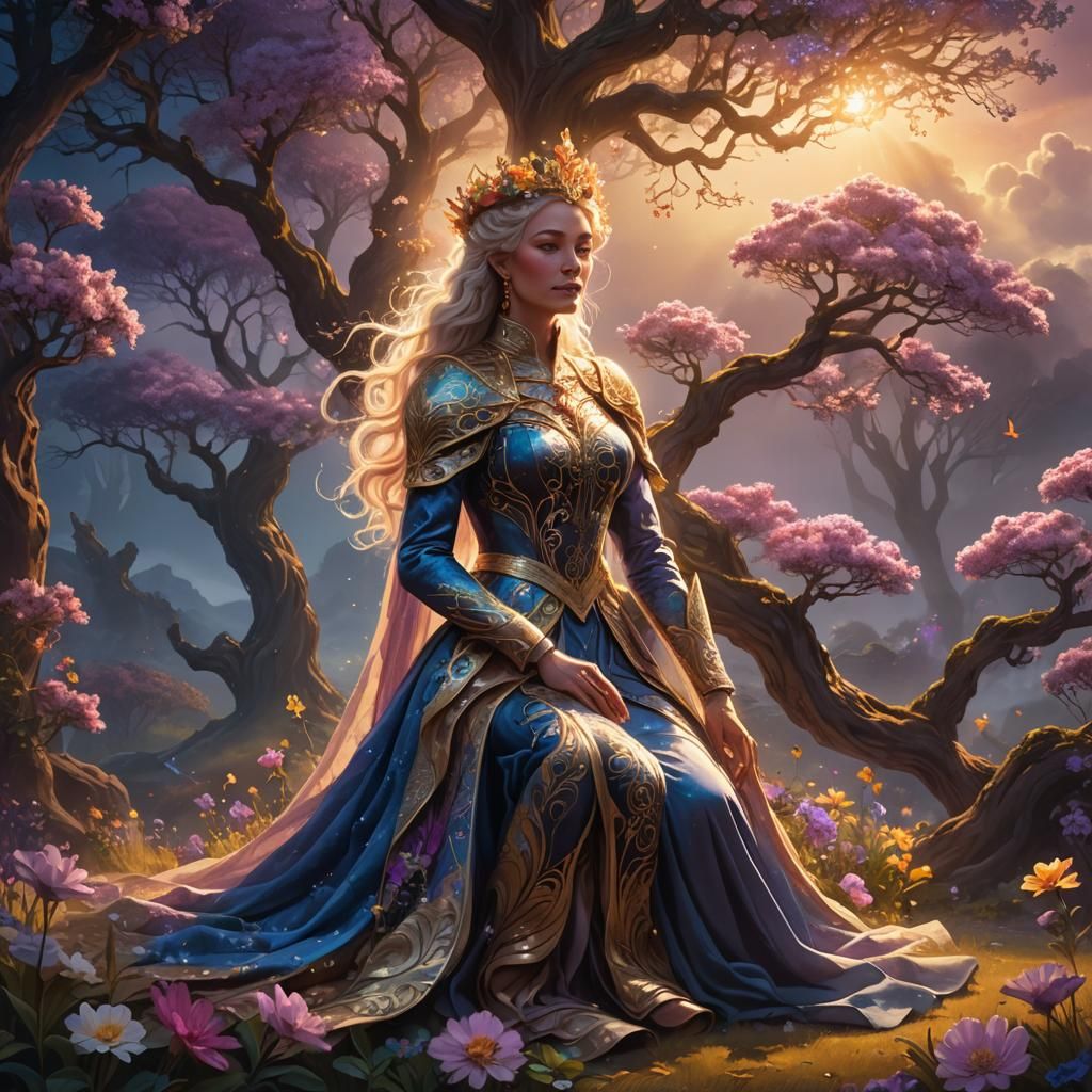 Majestic Queen Beside Glowing Tree: Surrealist Art