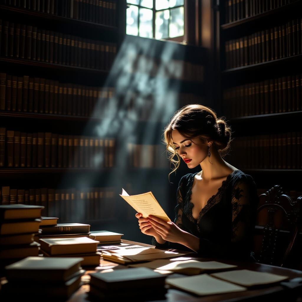 Woman Contemplating Letter in Antique Library
