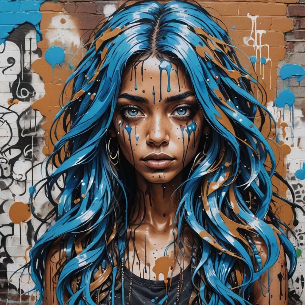 Blue-Haired Figure in Graffiti Splash Art Style