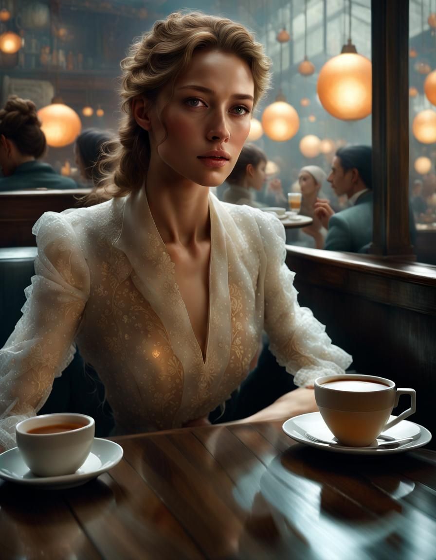 Beautiful Woman in Cafe: Photorealistic Portrait