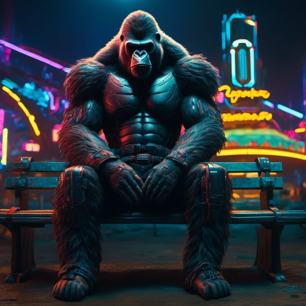 Cyberpunk Gorilla in Abandoned Theme Park at Night