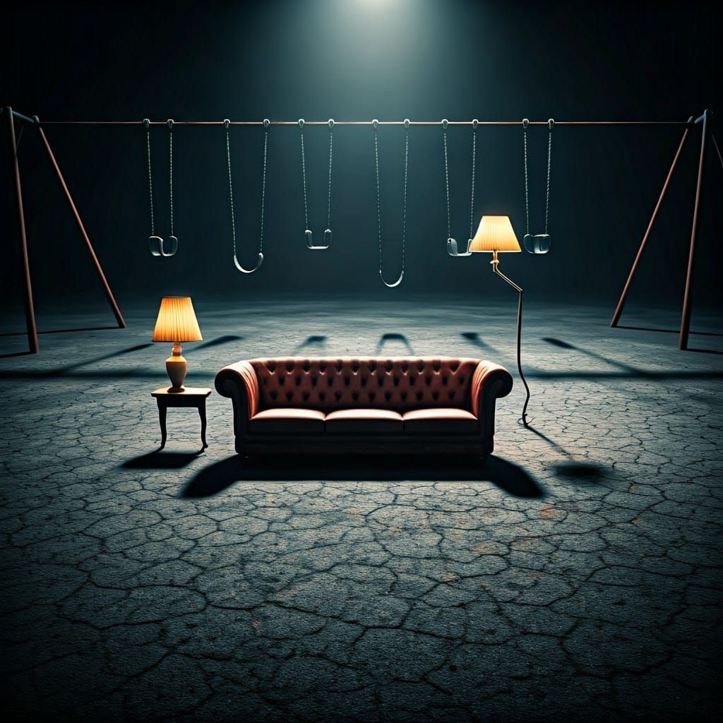 Surreal Playground: Lamp and Sofa in Deserted Landscape