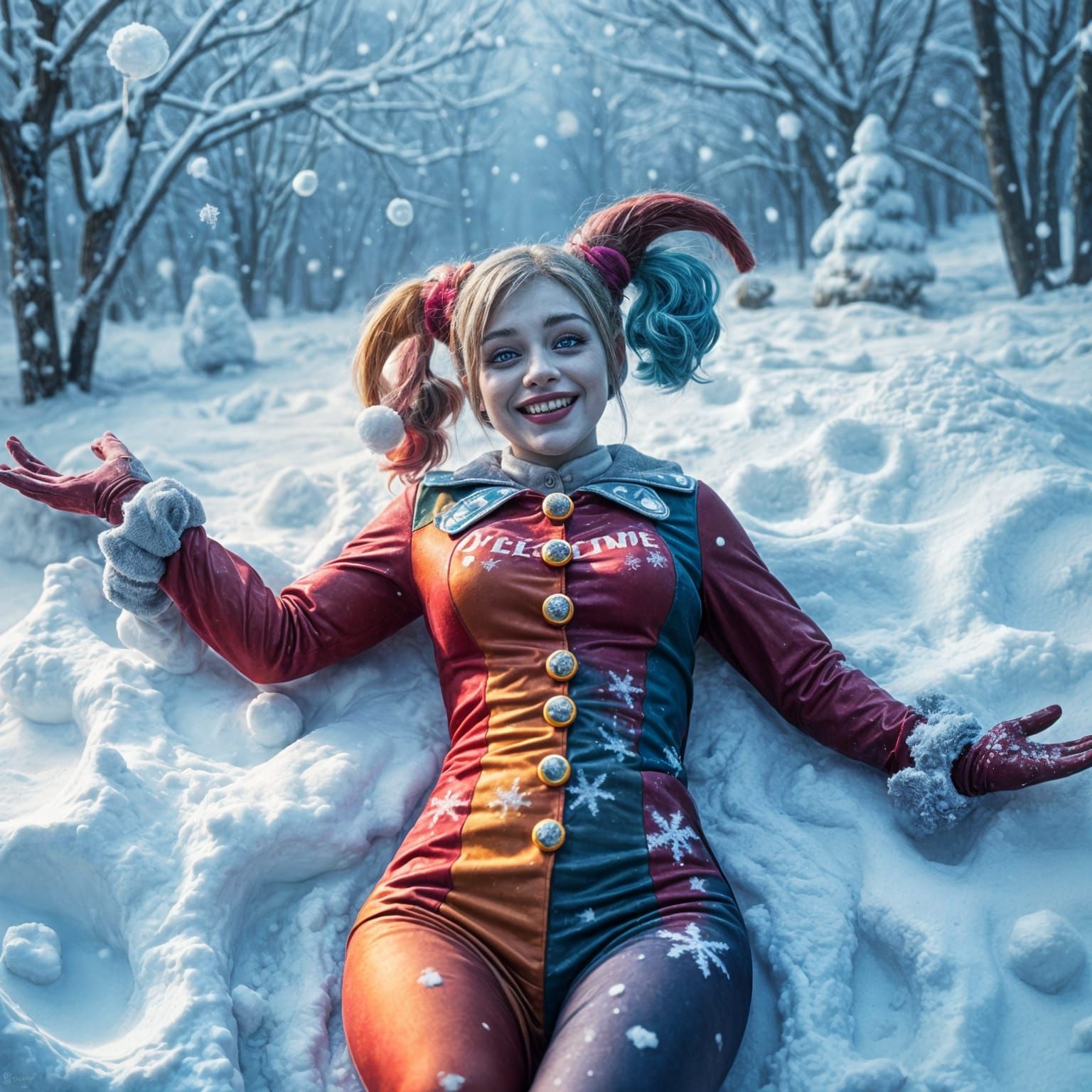 Hyperrealistic Harley Quinn Making a Snow Angel