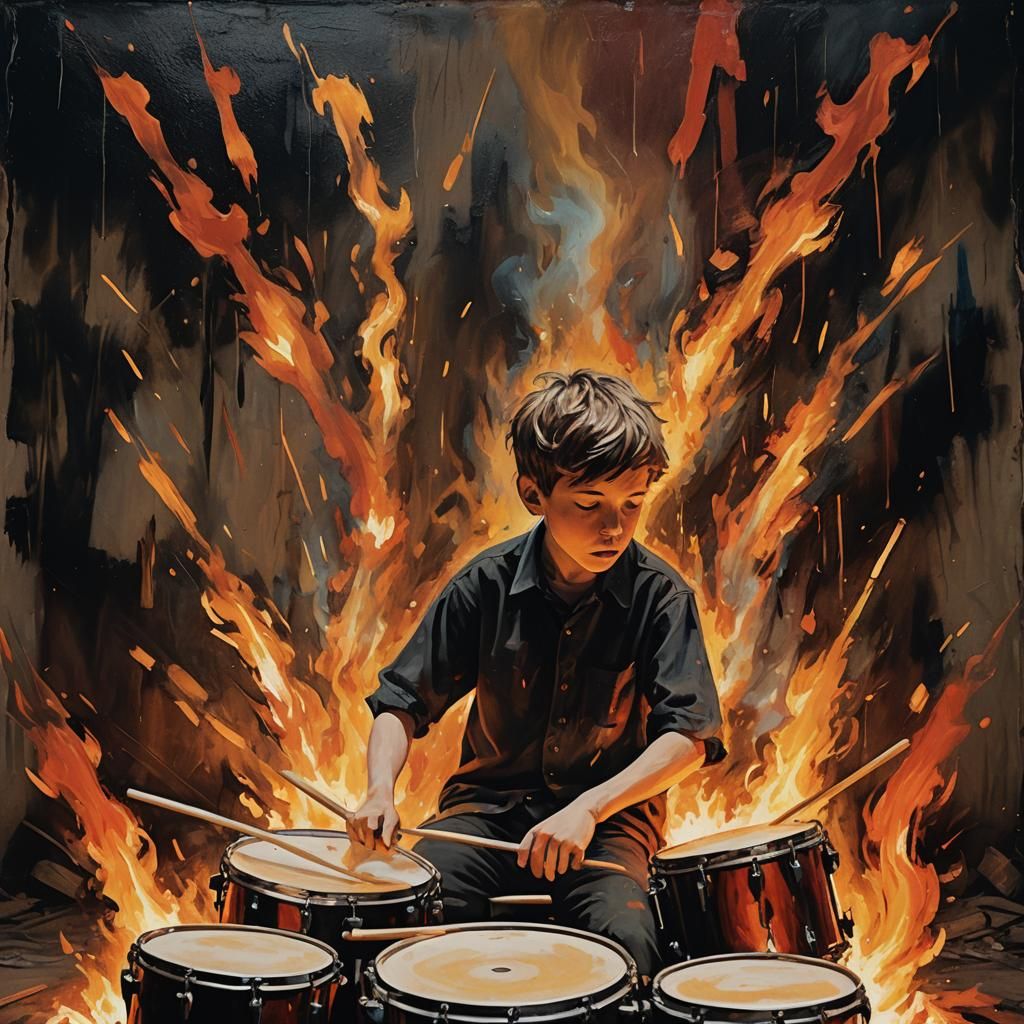 Fiery Drummer Boy in Abandoned Theater, Expressionist Style