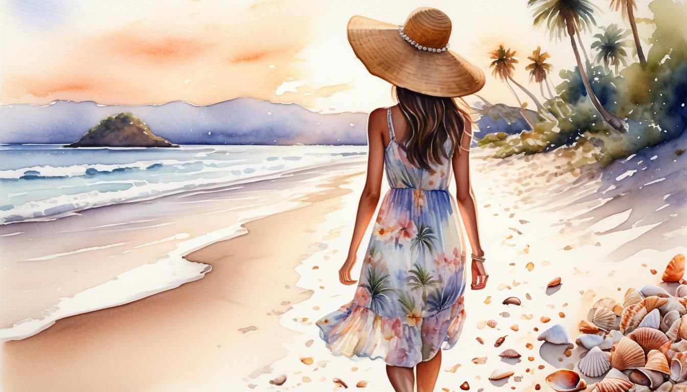 Woman in Summer Dress on Beach, Watercolor Painting