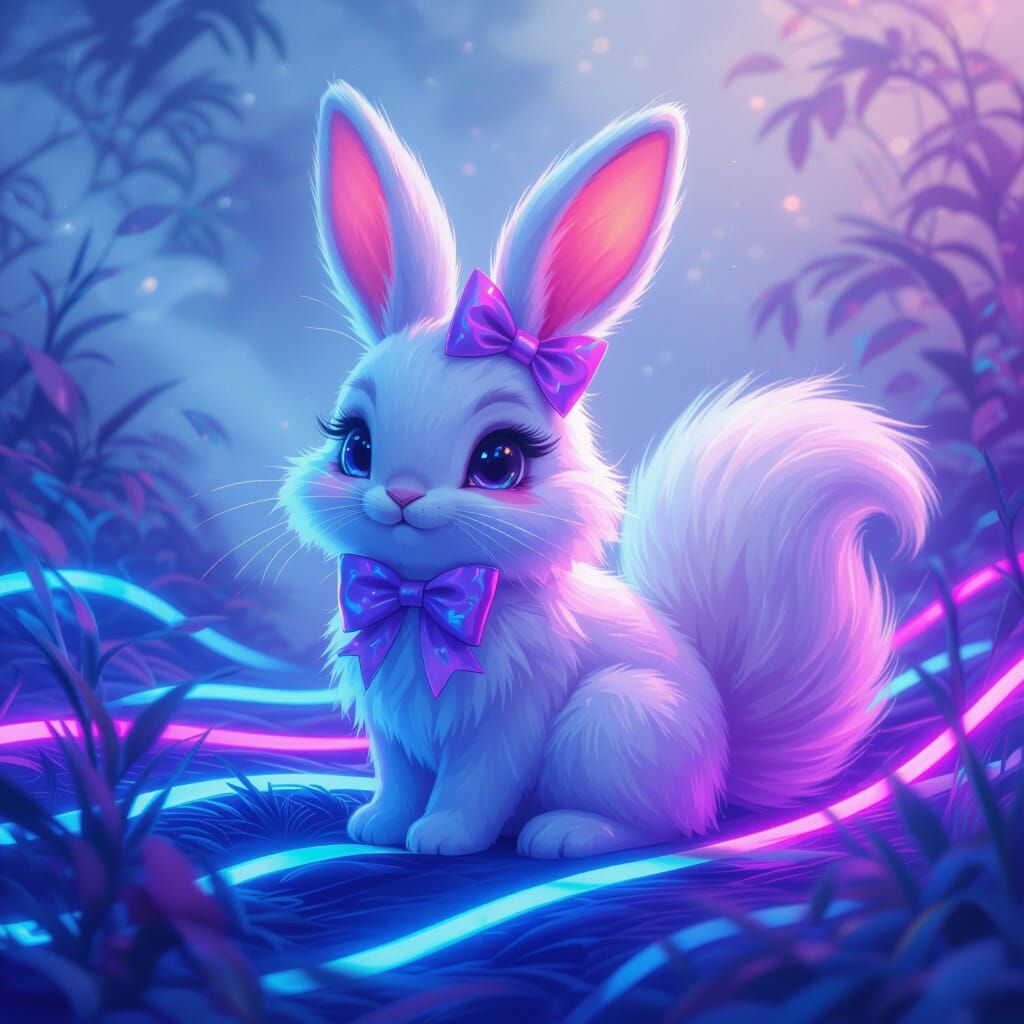 Neon Fox Bunny in Dreamy Fantasy Landscape