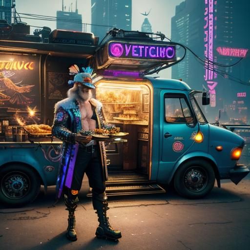 Cyberpunk Grandpa Cook's Bird Food Truck