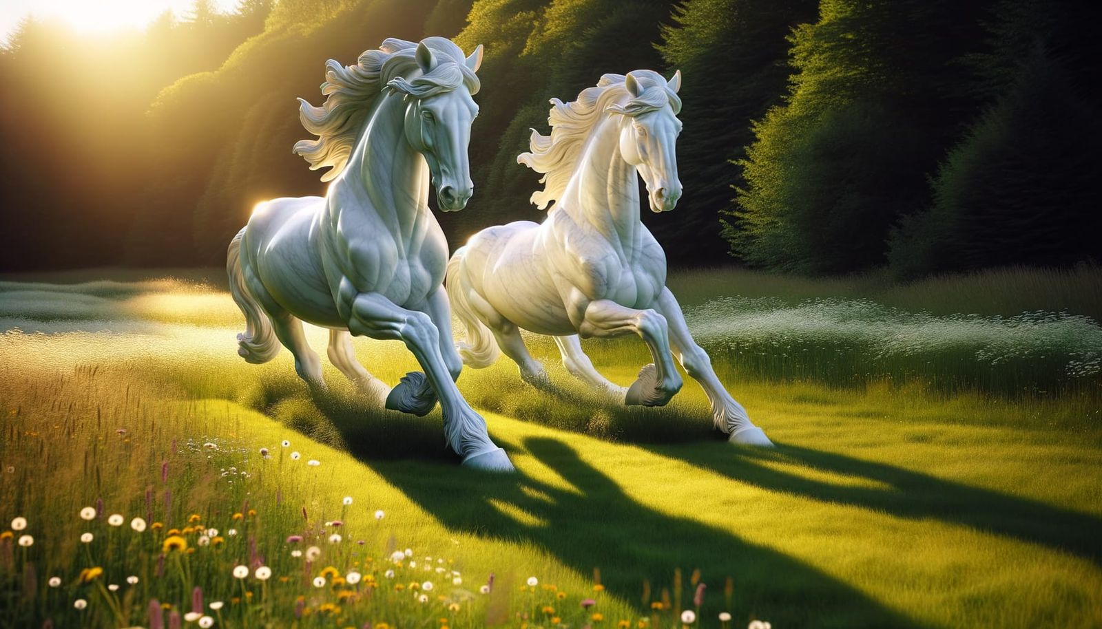 Marble Horses Galloping in a Wildflower Meadow