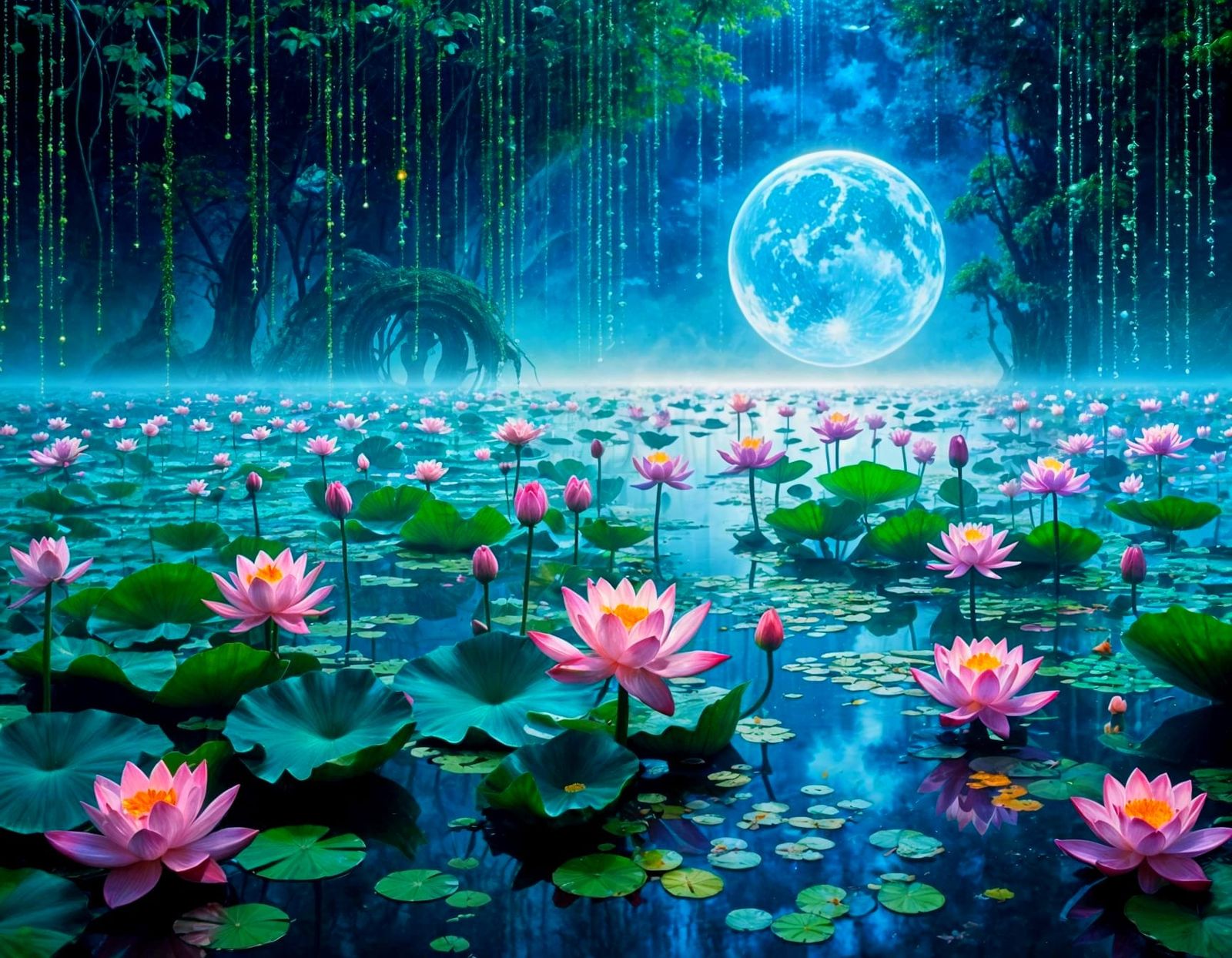 Surreal Dystopian World with Lotus Pond, in Impressionist St...